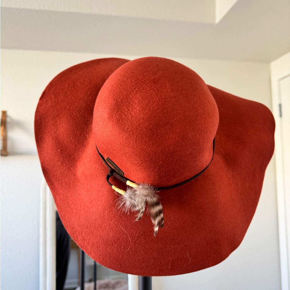 Floppy Billabong Orange-Red Hat with Feather and Brown Leather Trim!